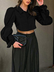 Buttoned Elasticity Solid Color Bishop Sleeve Long Sleeves Lapel Blouses&Shirts Tops
