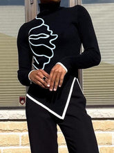 Asymmetric Floral Printed Split-Joint Split-side Long Sleeves Skinny High Neck T-shirts