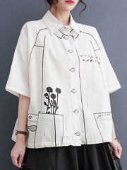 Buttoned Printed Loose Short Sleeves Lapel Blouses&Shirts Tops