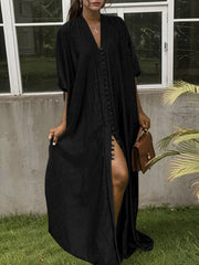 Solid Color Split-Front Split-Joint Batwing Sleeves Loose V-Neck Shirt Dress Maxi Dresses