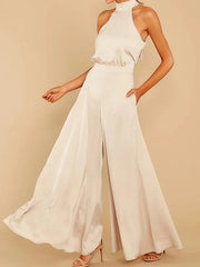 Pockets Solid Color Tied Zipper Loose Sleeveless Halter-Neck Jumpsuits