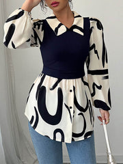Buttoned Contrast Color Pleated Split-Joint Long Sleeves Loose Lapel Blouses&Shirts Tops