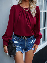 Pleated Solid Color Split-Joint Loose Puff Sleeves Stand Collar Blouses