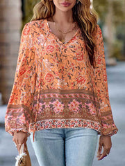 Elasticity Flower Print Tied Long Sleeves Loose V-Neck Blouses&Shirts Tops