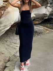 Elasticity Pleated See-Through Solid Color Bodycon Skinny Tube Skirts Midi Dresses