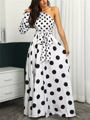 Long Sleeves Loose Contrast Color Polka-Dot Tied Waist One-Shoulder Maxi Dresses