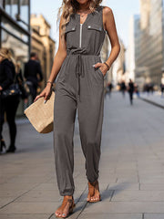Sleeveless Solid Color Zipper V-Neck Jumpsuits