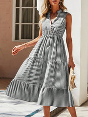 Buttoned Split-Joint Striped A-Line High Waisted V-Neck Midi Dresses