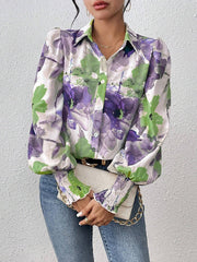 Buttoned Elasticity Flower Print Pleated Long Sleeves Loose Lapel Blouses&Shirts Tops