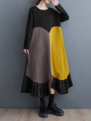 Contrast Color Pleated Split-front Split-Joint A-line Long Sleeves Round-neck Midi Dresses