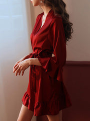 Falbala Ribbed Solid Color Loose V-neck Robes Intimates&Pajamas