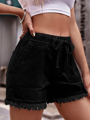 Drawstring Elasticity Fringed Pockets High Waisted Loose Shorts Bottoms Jean Pants Bottoms