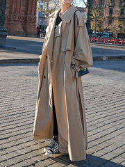 Long Sleeves Loose Buckle Buttoned Split-Back Tied Waist Lapel Outerwear Trench Coats