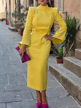 Buttoned Solid Color Flared Sleeves High Waisted Mock Neck Midi Dresses