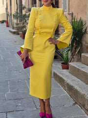 Buttoned Solid Color Flared Sleeves High Waisted Mock Neck Midi Dresses