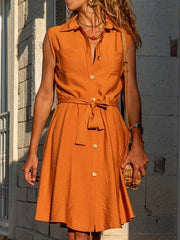 Buttoned Pockets Tied Waist Loose Plus Size Lapel Mini Dresses