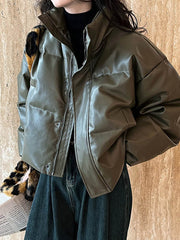 Split-Joint Zipper Loose Puff Sleeves Stand Collar Down Coat