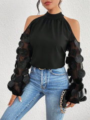See-Through Solid Color Split-Joint Loose Puff Sleeves Cold shoulder Blouses