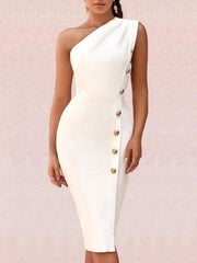Asymmetric Backless Buttoned Bodycon Sleeveless One-shoulder Midi Dresses