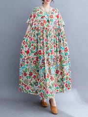 Pleated Printed Split-Joint Loose Short Sleeves Round-Neck Midi Dresses