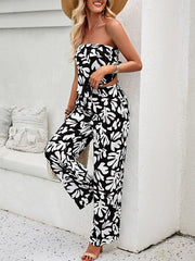 Flower Print Tied Sleeveless Tube Top + Wide Leg Elasticity Pockets Pants Bottom Two Pieces Set