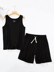 Drawstring Elasticity Pleated Solid Color Loose Sleeveless Round-neck Pajama Sets