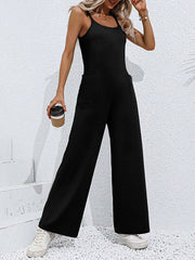 Pockets Solid Color Tied High Waisted Sleeveless Spaghetti-Neck Jumpsuits
