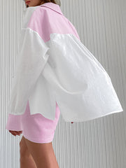 Buttoned Split-Joint Striped Long Sleeves Loose Lapel Blouses&Shirts Tops
