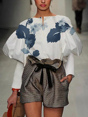 Loose Puff Sleeves Floral Printed Split-Joint Round-Neck Blouses
