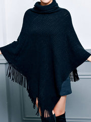 Asymmetric Keep Warm Solid Color Tasseled Loose High Neck Shawl&Cloak Cape
