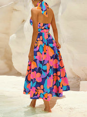 Leaves Print Pleated Split-Joint A-Line Loose Halter-Neck Midi Dresses