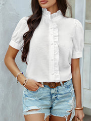 Buttoned Ruffle Trim Striped Loose Puff Sleeves Stand Collar Blouses&shirts Tops