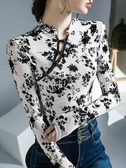 Buttoned Flower Print Mesh Long Sleeves Skinny Mock Neck T-Shirts Tops