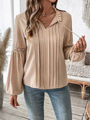 Pleated Solid Color Split-Joint Long Sleeves Loose V-Neck Blouses&Shirts Tops