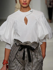 Buttoned Elasticity Hollow Pleated Solid Color Split-Joint Half Sleeves Loose Round-Neck Blouses&Shirts Tops