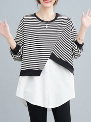 Original Long Sleeves False Two Striped Round-Neck Hoodies&Sweatshirt Tops