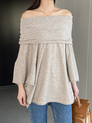 Solid Color Batwing Sleeves Flared Sleeves Off-the-shoulder Knit Top