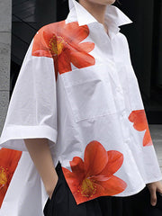 Half Sleeves High-Low Buttoned Flower Print Pockets Split-Side Stand Collar Blouses&Shirts Tops