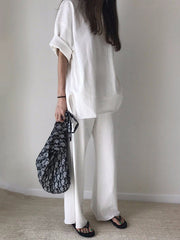 Fringed Solid Color Split-Side Round-Neck T-shirt+ Pants Two Pieces Set
