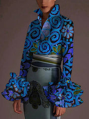 Buttoned Flower Print Flared Sleeves Long Sleeves Lapel Blouses&Shirts Tops