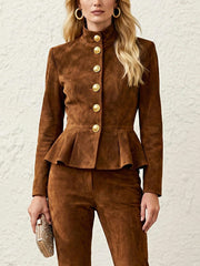 Buttoned Contrast Color Ruffled Split-Joint Elasticated Waist High Waisted Stand Collar Blouses&Shirts Tops Blazer