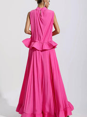 Pleated Ruffled Solid Color High Waisted High-Low Mock Neck Two Pieces Set