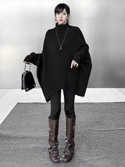 Asymmetric Ribbed Knit Solid Color Split-Joint Batwing Sleeves Irregularity High Neck Sweater Tops