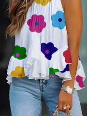 Loose Sleeveless Falbala Floral Printed Stand Collar Vest Top