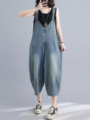 Buttoned Cropped Loose Denim Overalls