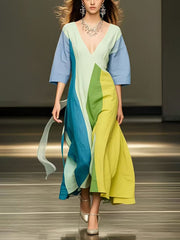Loose Three-Quarter Sleeves Colorful Contrast Color V-Neck Maxi Dresses