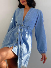 Long Sleeves Loose Split-Joint Tied Waist V-Neck Denim Mini Dresses