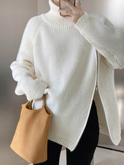Split-Joint Split-Side Zipper Long Sleeves Loose High Neck Sweater Tops