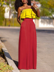 Pleated Pockets Shiny Solid Color High Waisted Loose Trousers Pants