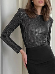 Sequined Split-Joint Long Sleeves Skinny Round-Neck T-Shirts